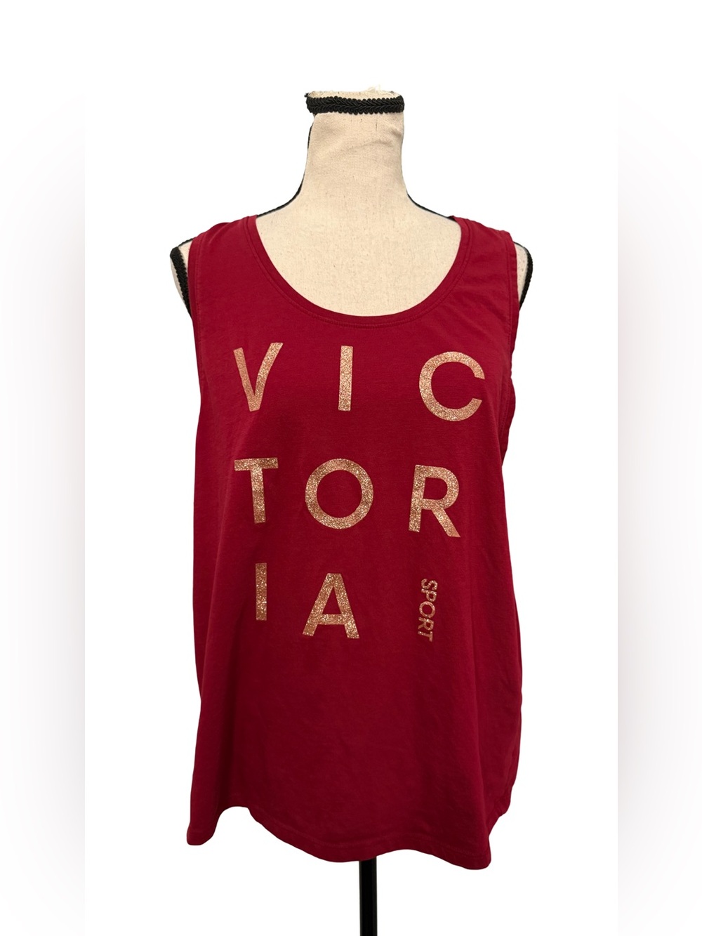 Victoria Sport Red Glitter Logo Tank Top Back Cutout Large